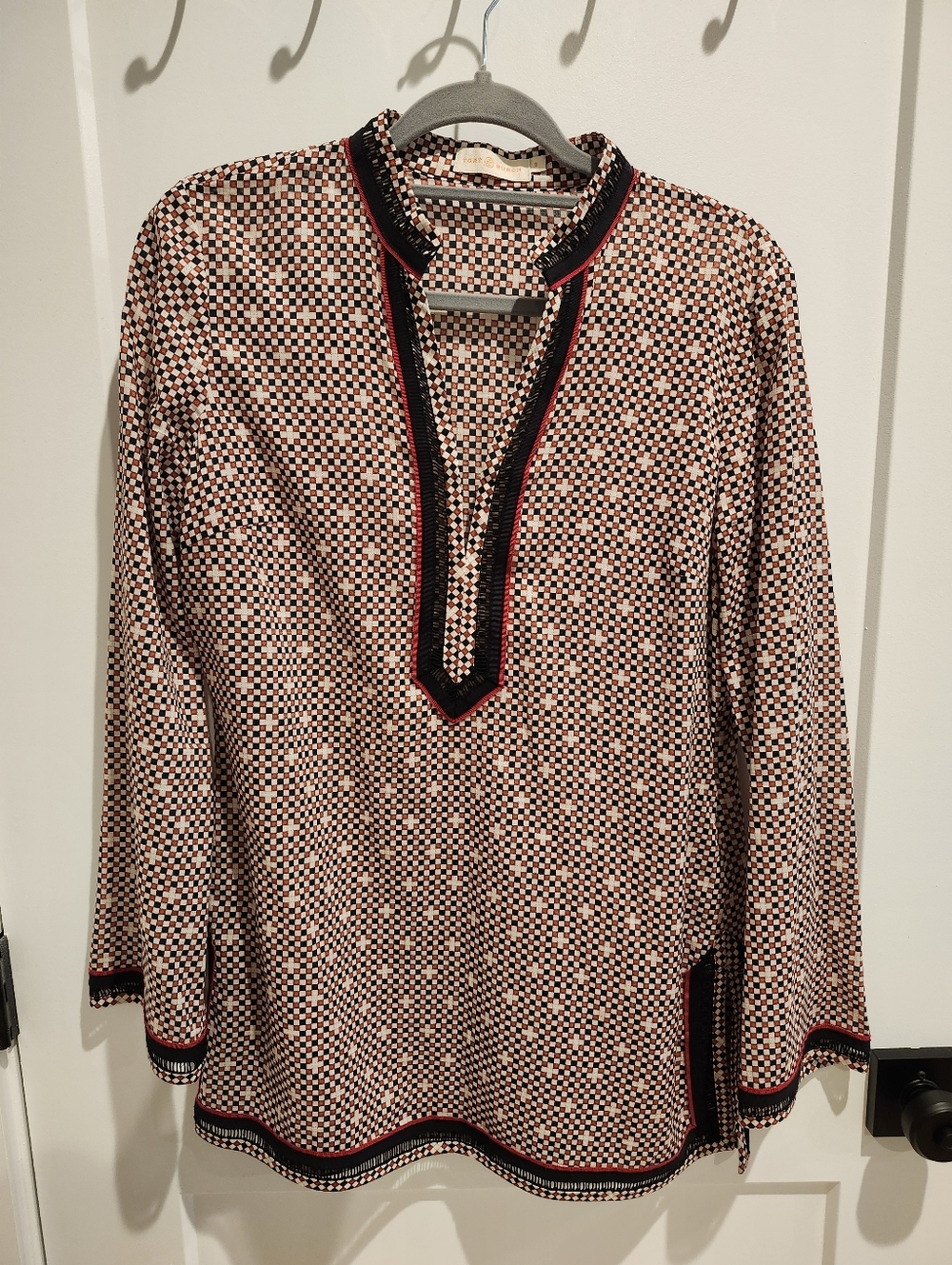 Tory Burch Geometric Print Tunic with Black & Red Trim Size 8